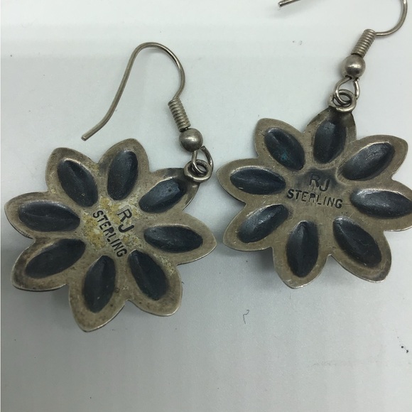 Vintage RJ Sterling Zuni Navajo Flower Red Coral Turquoise Dangle Earrings - Picture 7 of 7